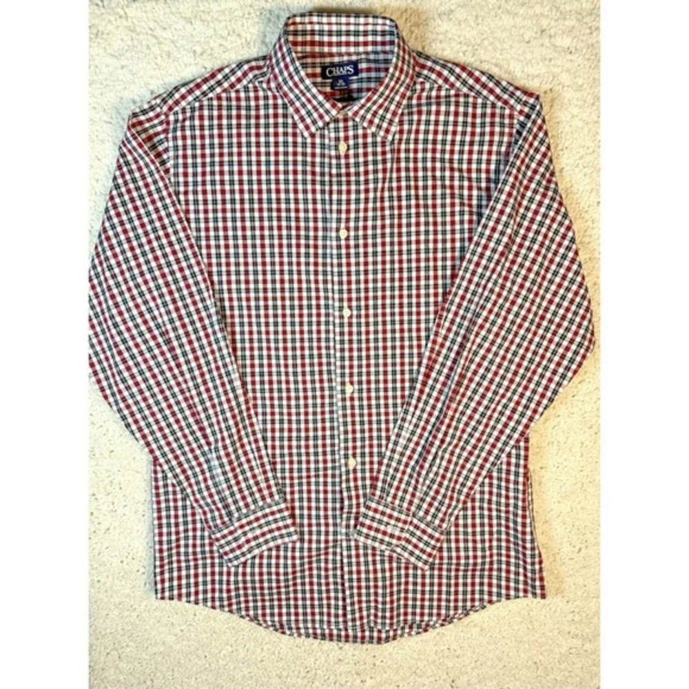 Chaps Boys XL 18-20 Button Down Shirt Red Navy Blue‎ White Plaid Long Sleeve